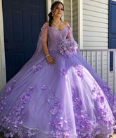Flower Lace Sweet 16 Dress Ball Gown Vestido De 15 Anos Dress With Cape - MyChicDress